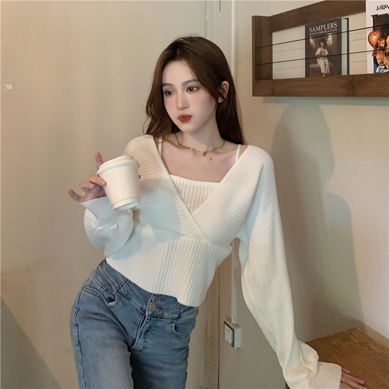 Áo Dệt Kim Tay Dài Trễ Vai Phong Cách Hàn Quốc Xinh Xắn