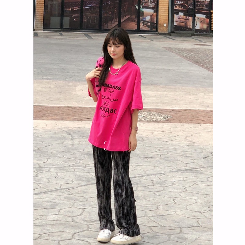 Set Áo Thun Ngắn Tay In Chữ + Quần Dài Ống Rộng Thời Trang Nữ