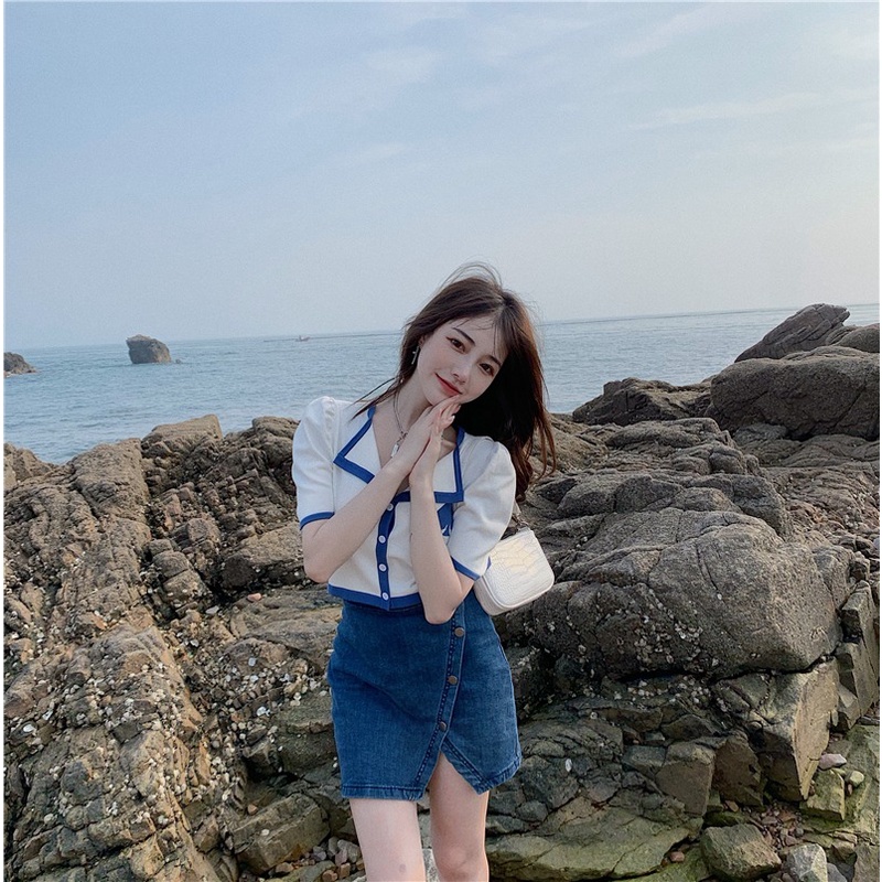 Áo cardigan ZHELIHANGFEI dệt kim tay ngắn cổ polo phong cách quyến rũ tùy chọn màu sắc