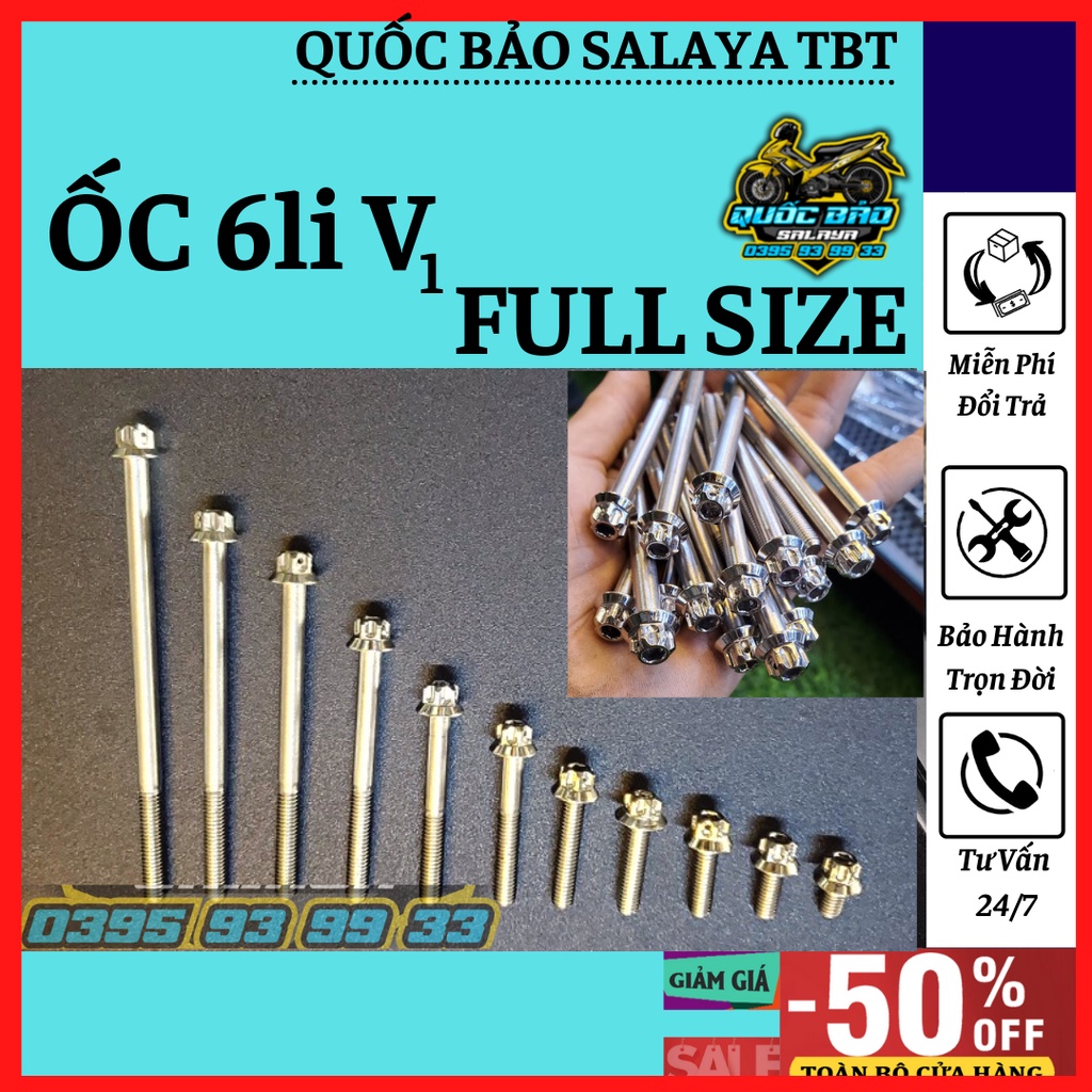 SALAYA TBT Ốc 6li v1 full size đầu trụ inox 304 gắn lốc máy và nhiều vị trí trên xe