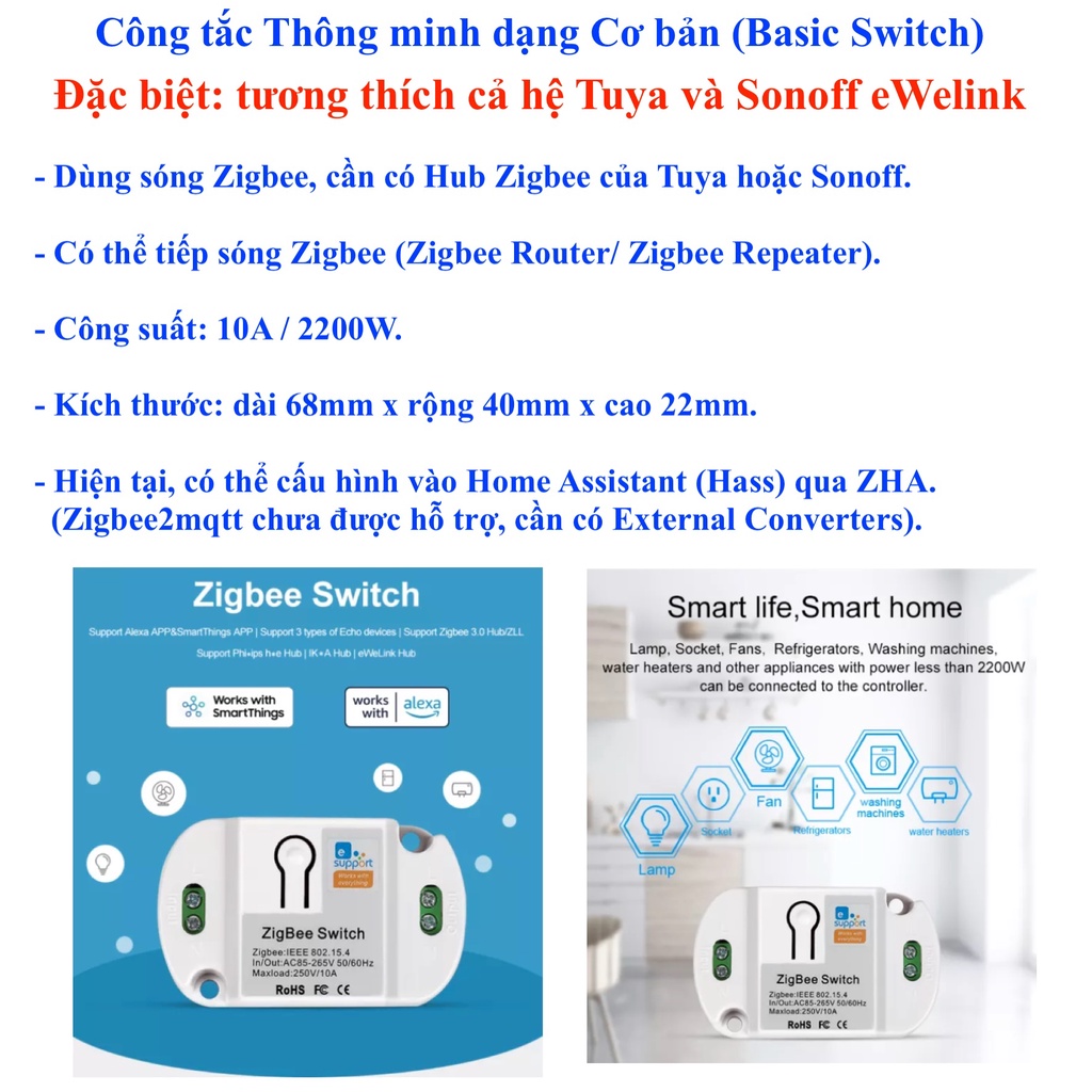 Công tắc thông minh Tuya Basic, kết nối Wifi, Zigbee, RF433, App Smart Life hoặc Tuya.