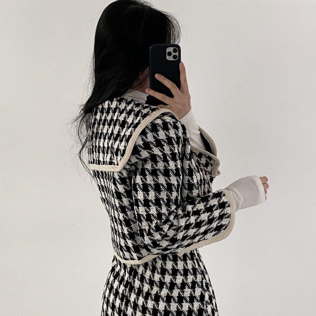 ❅☃Set Áo Khoác Và Chân Váy Họa Tiết Houndstooth Thời Trang Dành Cho Nữ