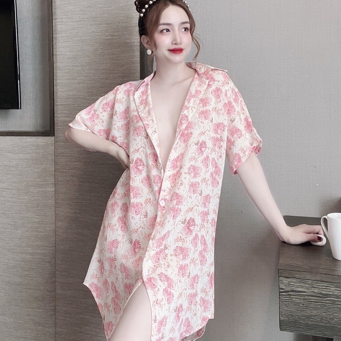 Váy ngủ nữ, váy ngủ lụa sơ mi mặc ngủ sexy chất Mango mềm mát Freesize &lt;60kg - Linqustore