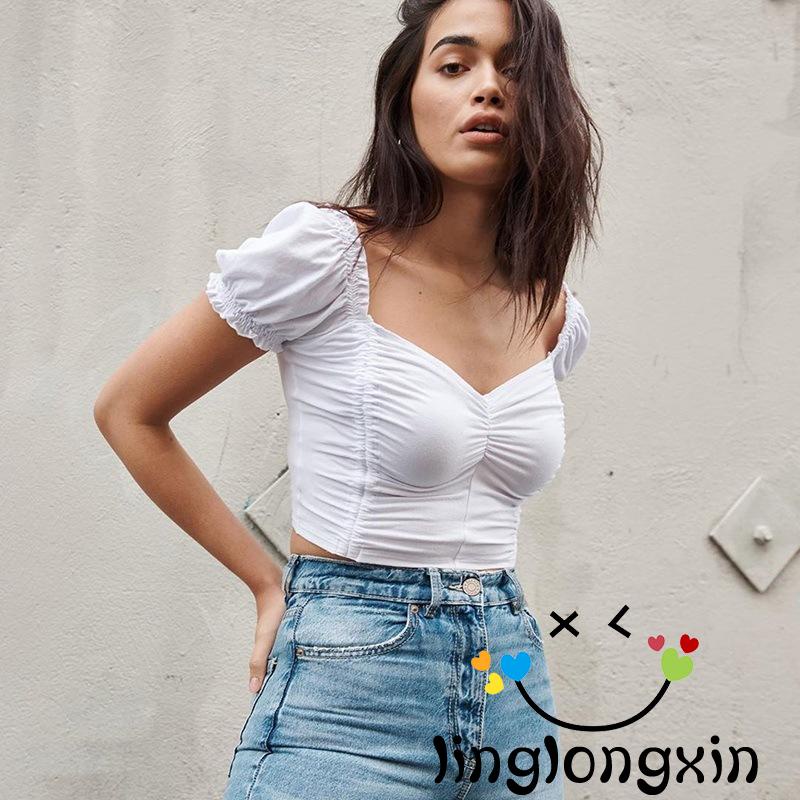 Áo thun tay ngắn cổ vuông màu sắc đơn giản phong cách lolita cho nữ