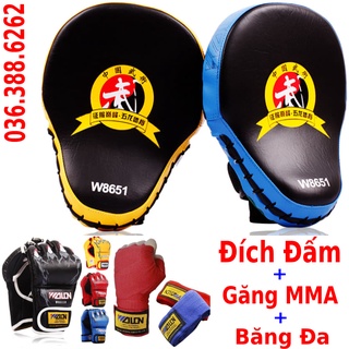Combo Găng tay đấm bốc MMA hở ngón walon chính hãng + Đích Đỡ Bàn Tay  + Băng đa cuốn tay walon, bảo hành 6 tháng