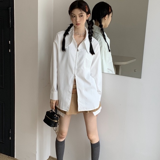 Áo sơ mi ZHELIHANGFEI tay dài dáng rộng phối khóa kéo hai chiều phong cách học đường thời trang dành cho nữ