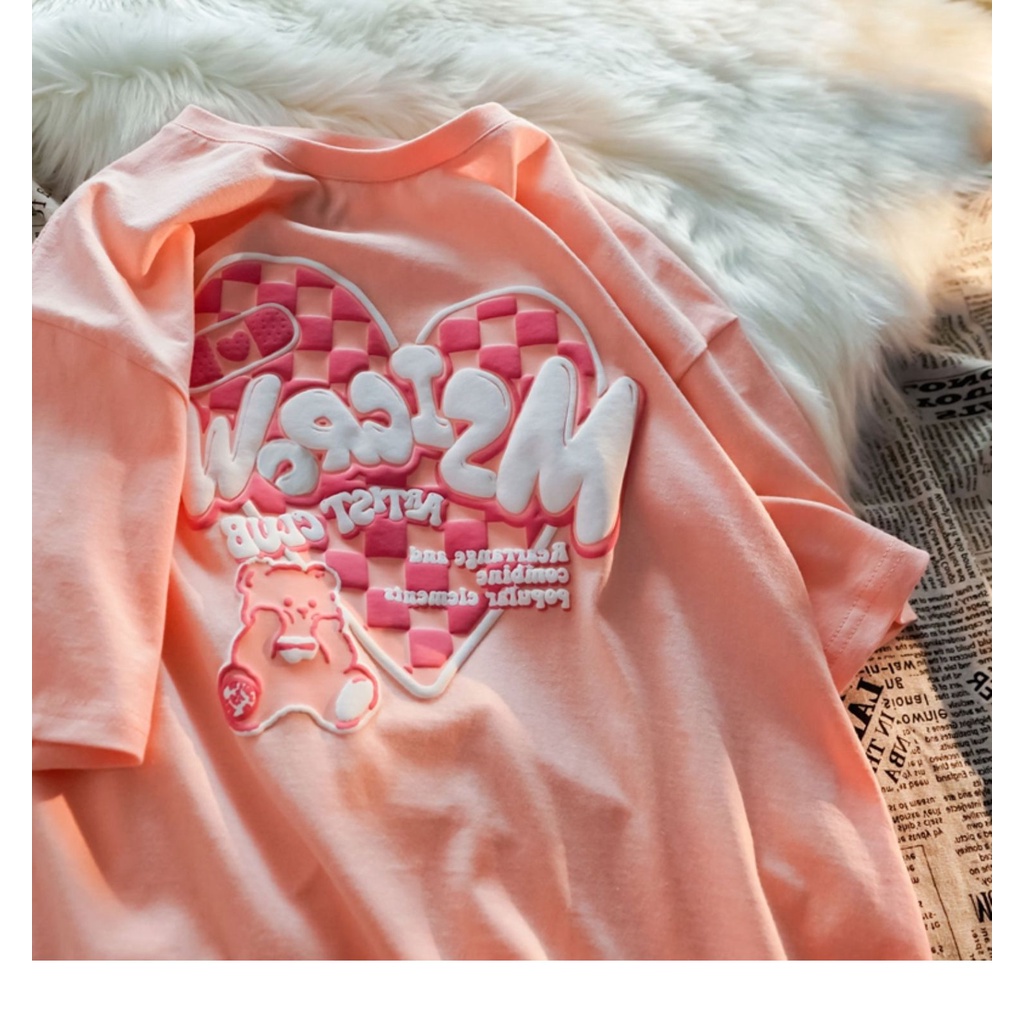 Áo thun PEWARN tay ngắn dáng rộng in họa tiết trái tim phong cách Hàn Quốc harajuku thời trang cho nữ