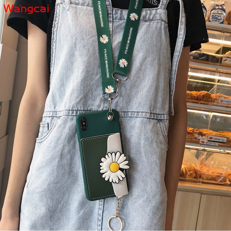 Samsung Galaxy J2 Pro 2018 J7 J2 Prime J6+ J4+ J6 J4 Plus 2018 Phone Case Daisy Flower Wallet Card Package Coin Purse Lanyard Cute Soft Case Cover