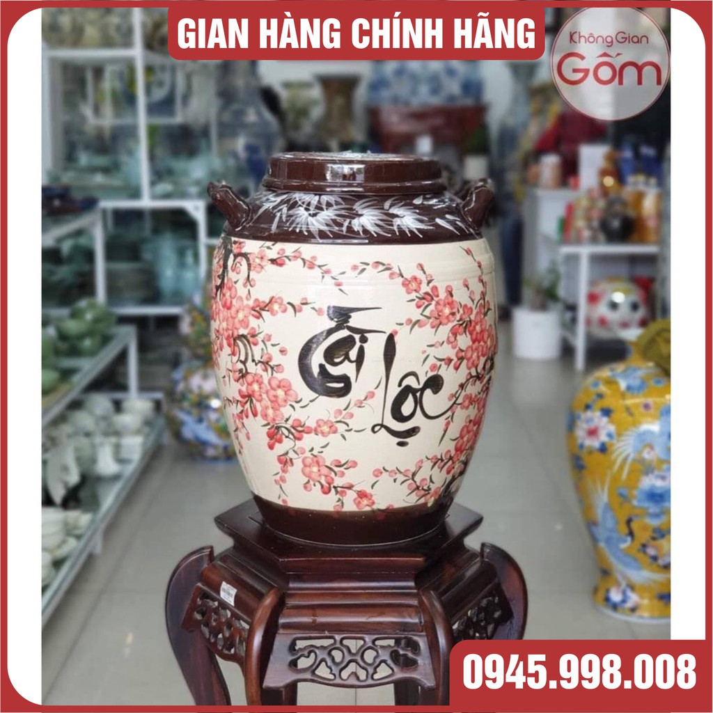HŨ ĐỰNG GẠO BẰNG SỨ VẼ HOA ANH ĐÀO - HÀNG CAO CẤP GỐM SỨ BÁT TRÀNG- HŨ CÓ QUAI CẦM TIỆN LỢI - XƯỞNG GỐM VIỆT