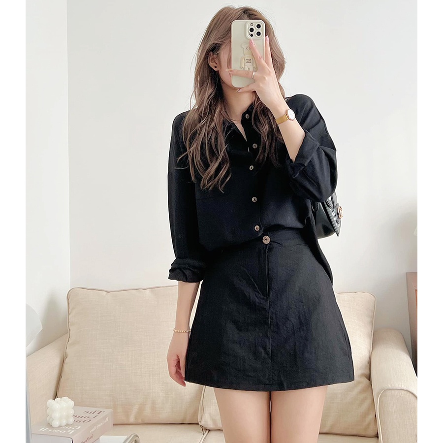 Set đồ nữ áo sơ mi dài tay kèm chân váy chữ A ulzzang Korea style , Bộ quần áo nữ đi du lịch biển