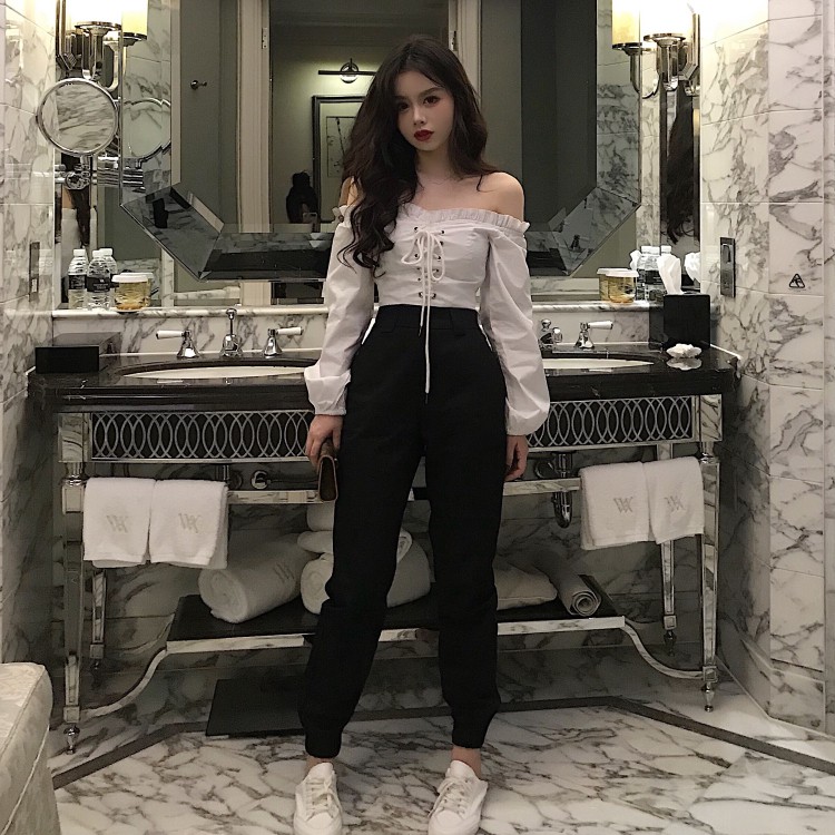 Áo tiểu thư ulzzang trễ vai dây rút ngực dài tay - u.w