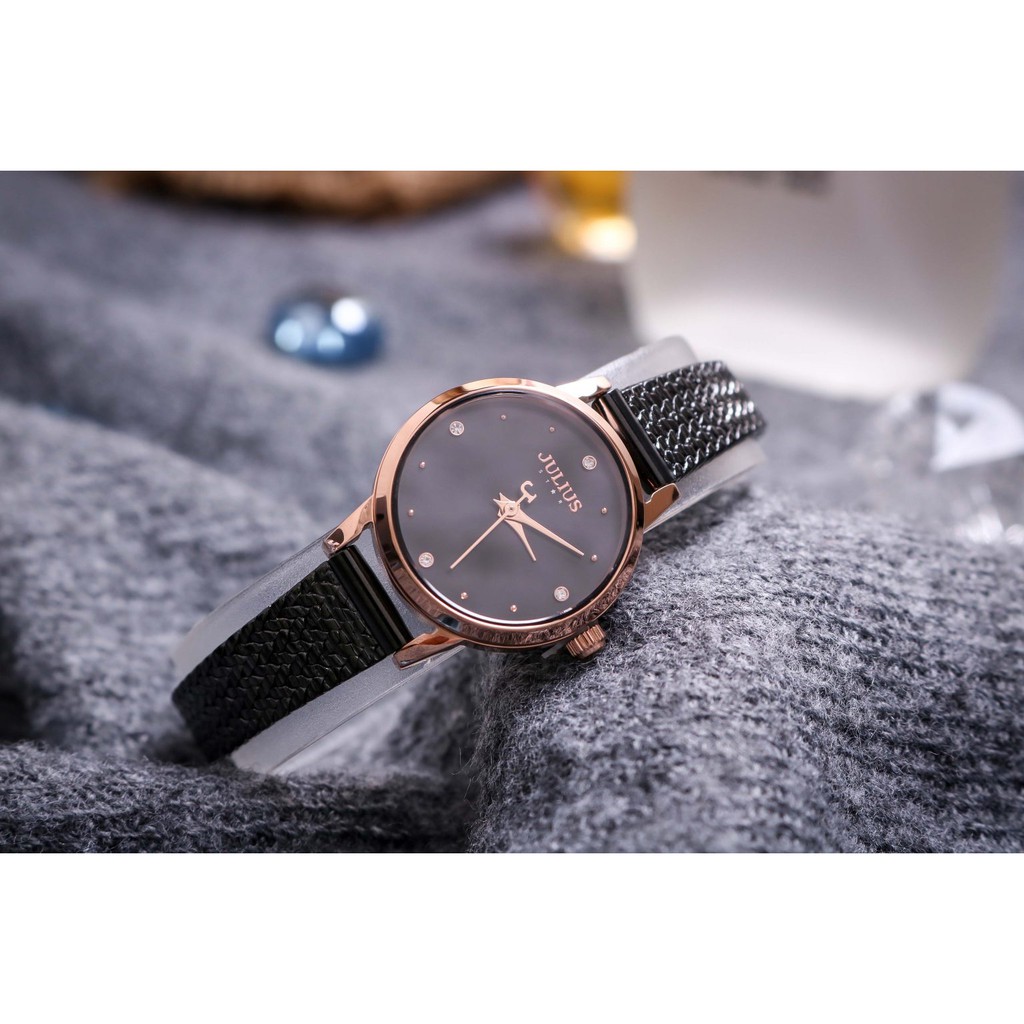 Đồng hồ nữ JS-045C kính sapphire Julius Star Hàn Quốc dây thép (mặt đen)