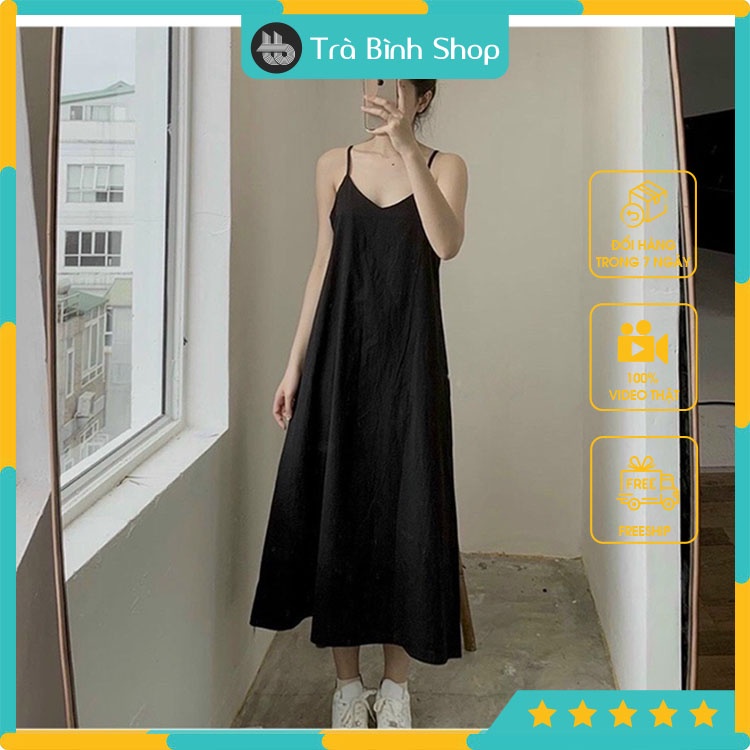 Đầm Đũi Xước Dáng Dài Váy Suông Hai Dây Hai Màu Thoáng Mát
