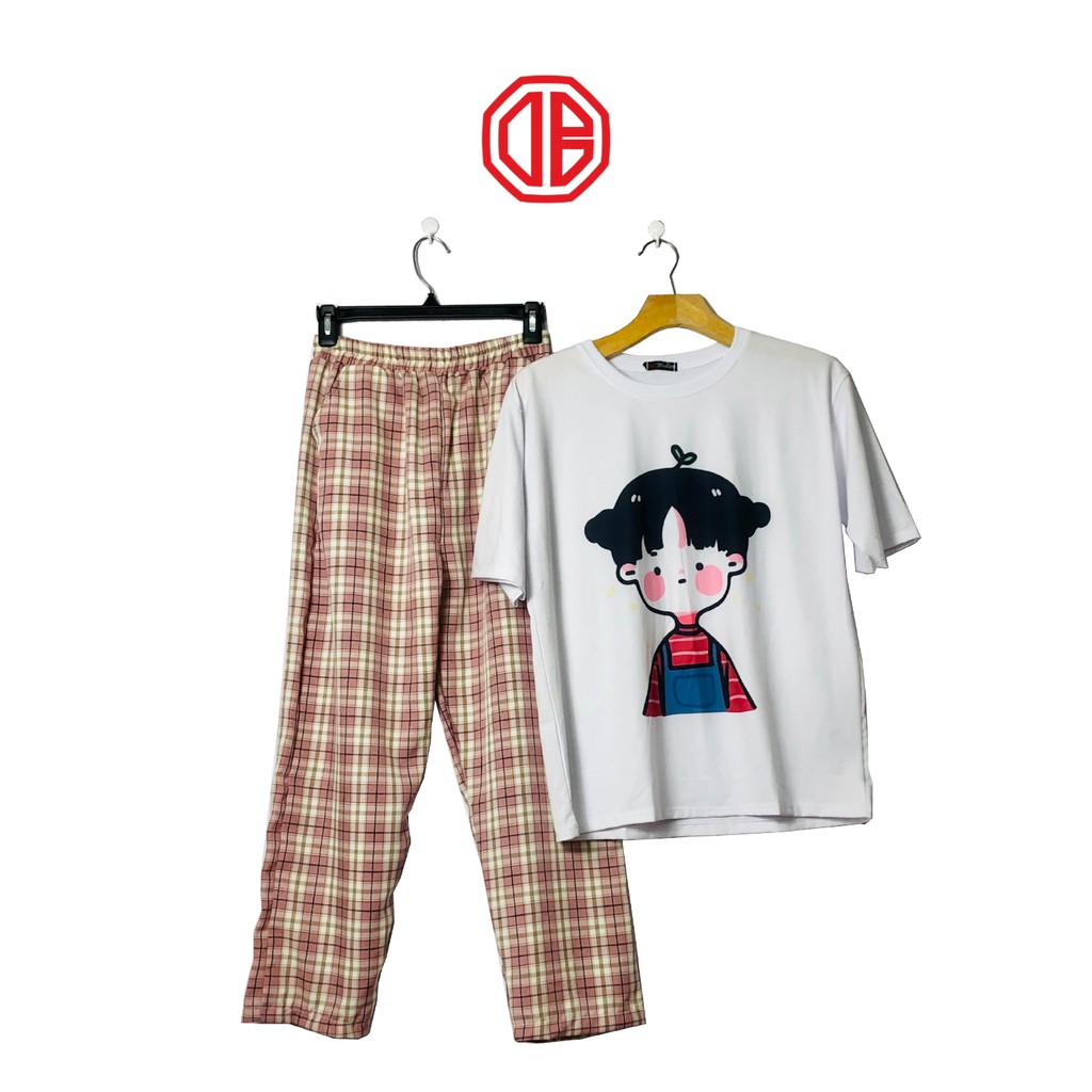 SET BỘ CARO-Quần caro hồng, áo thun hoạt hình_DB GU STORE