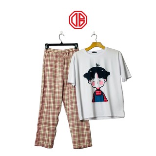 Set bộ caro-quần caro hồng, áo thun hoạt hình_db gu store