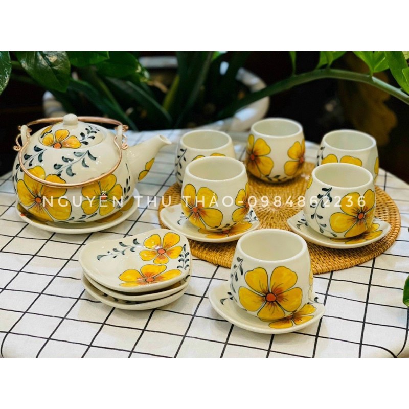 Bộ ấm chén vẽ hoa vàng hàng Bát Tràng xuất khẩu-Bộ trà đẹp