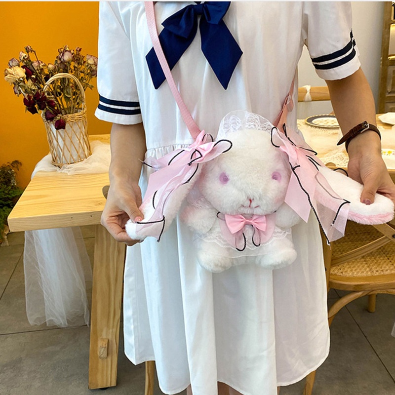 Túi Đựng Điện Thoại Chìa Khóa / Chìa Khóa Đeo Chéo Hình Thỏ Nhồi Bông Phối Ren Đính Nơ Dễ Thương Cho Bé Gái