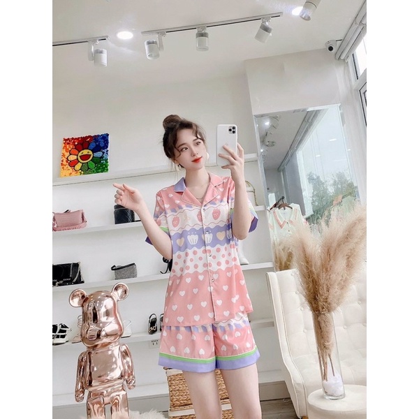 PIJAMA ĐÙI - TAY NGẮN  DÂU, SÓNG NƠ TÍM LỤA XƯỚC P004 CAO CẤP QC.