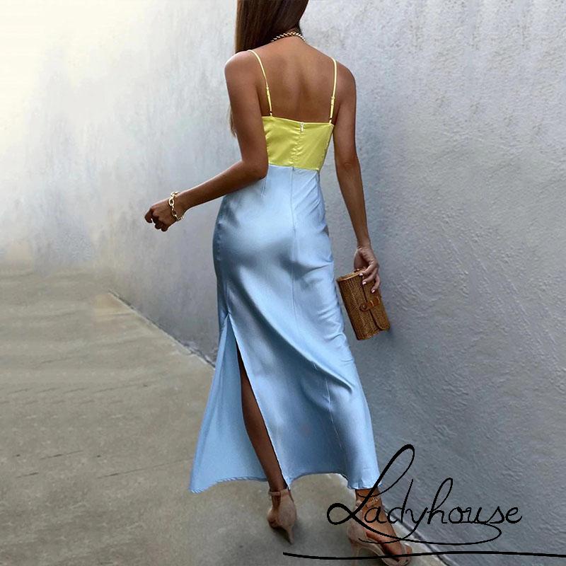 Đầm Dài Hai Dây Cổ Chữ V Màu Sắc Tương Phản Thời Trang Mùa Hè Dành Cho Nữ