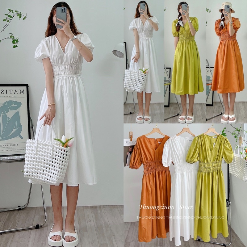 [Ảnh thật/Video]Váy Thô Hàn Mới về thiết kế cổ V dáng dài bo chun eo tôn dáng Đầm maxi Hàn Quốc đẹp nhẹ nhàng