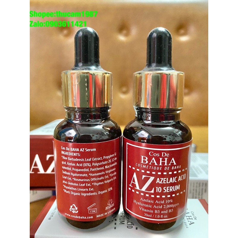 Serum trắng da, ngừa mụn Cos De BAHA Azelaic Acid 10% ,Hyaluronic Acid, Niacinamide, Panthenol 30ml.