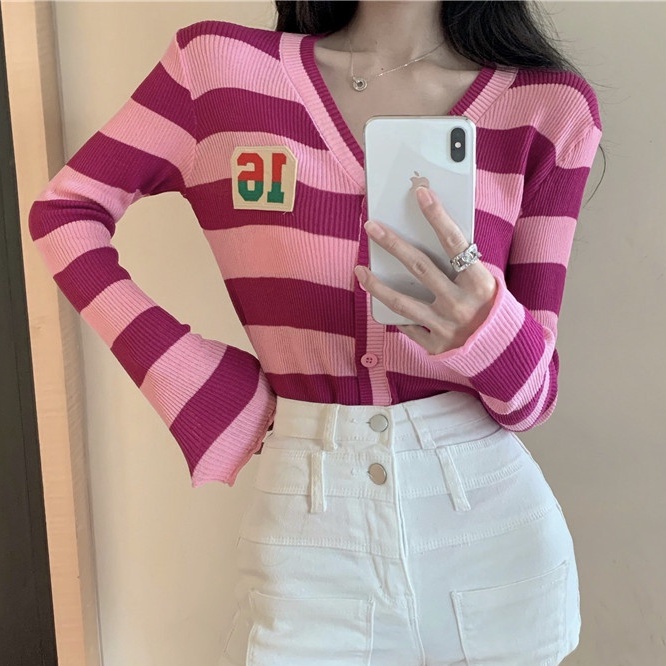 【ZHELIHANGFEI】Áo Khoác Cardigan Dệt Kim Tay Dài Cổ Chữ V Họa Tiết Kẻ Sọc Thời Trang