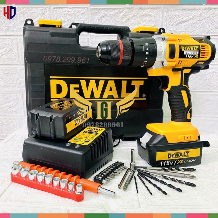 Máy Khoan Pin DE.WALT 118V ĐỘNG CƠ 775, 100% DÂY ĐỒNG, 3 CHỨC NĂNG - Có Búa, Lõi Đồng, Pin Khủng 10 Cell+Kèm Phụ Kiện