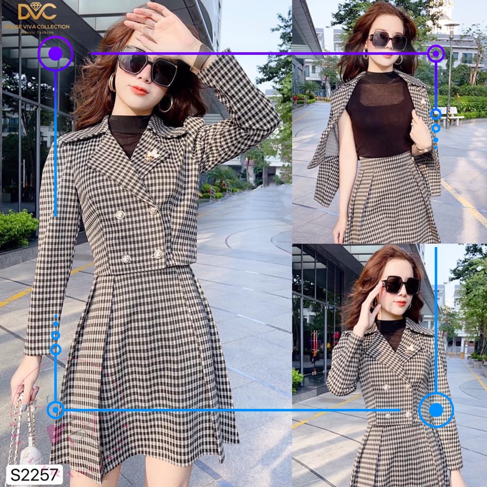 Sét áo vest mix Chân váy kẻ chất dạ ép hàn siêu sang S2257