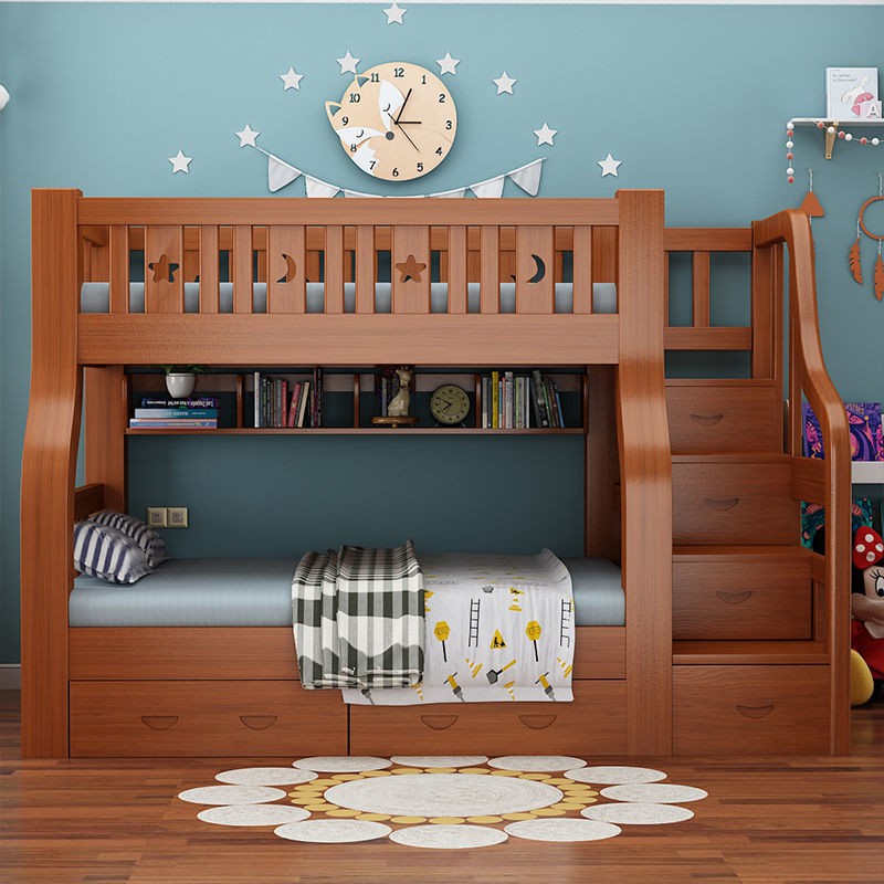 [Giường cao thấp] Giường tầng và gỗ nguyên tấm dày dặn, trẻ em, cầu thang, hai tầng, mẹ người lớn <