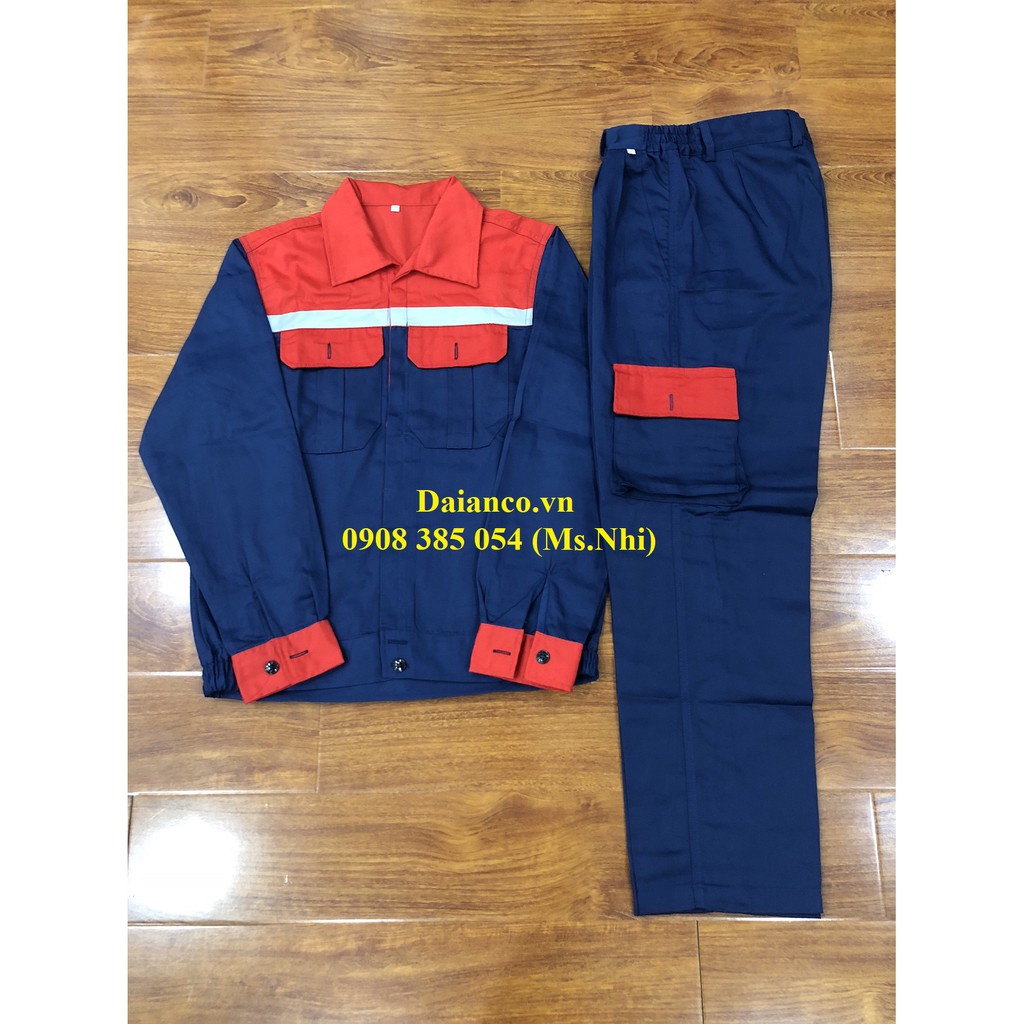 Quần áo bảo hộ tay dài màu tím than phối đỏ DN14 vải kaki thấm hút mồ hôi - Hình thật