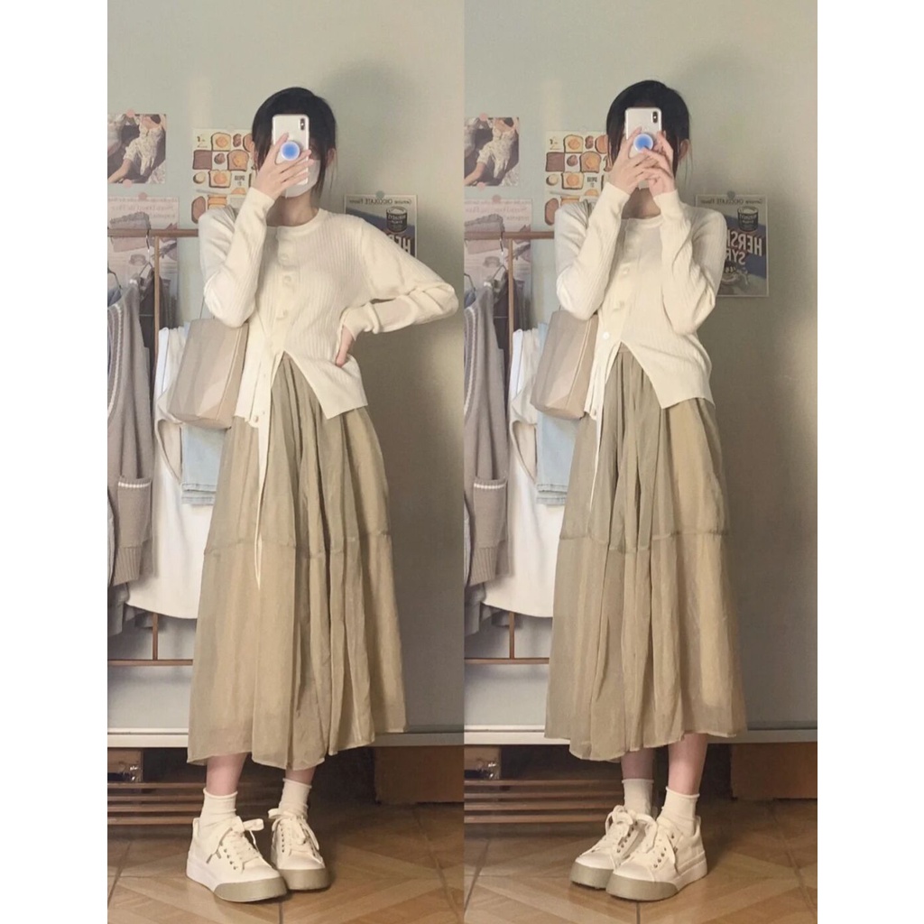 Set Áo Dệt Kim Dài Tay Và Chân Váy Midi Lưng Cao Thời Trang Mùa Thu Mới 2022 Dành Cho Nữ