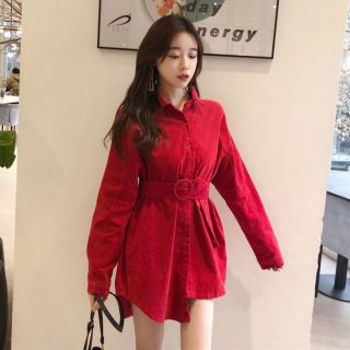 Đầm sơ mi nhung kèm belt