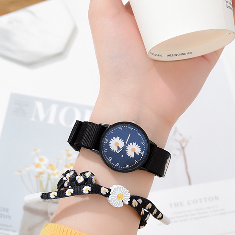 Đồng Hồ Đeo Tay Dây Vải Canvas In Hình Hoa Cúc Thời Trang Cho Nữ Sinh