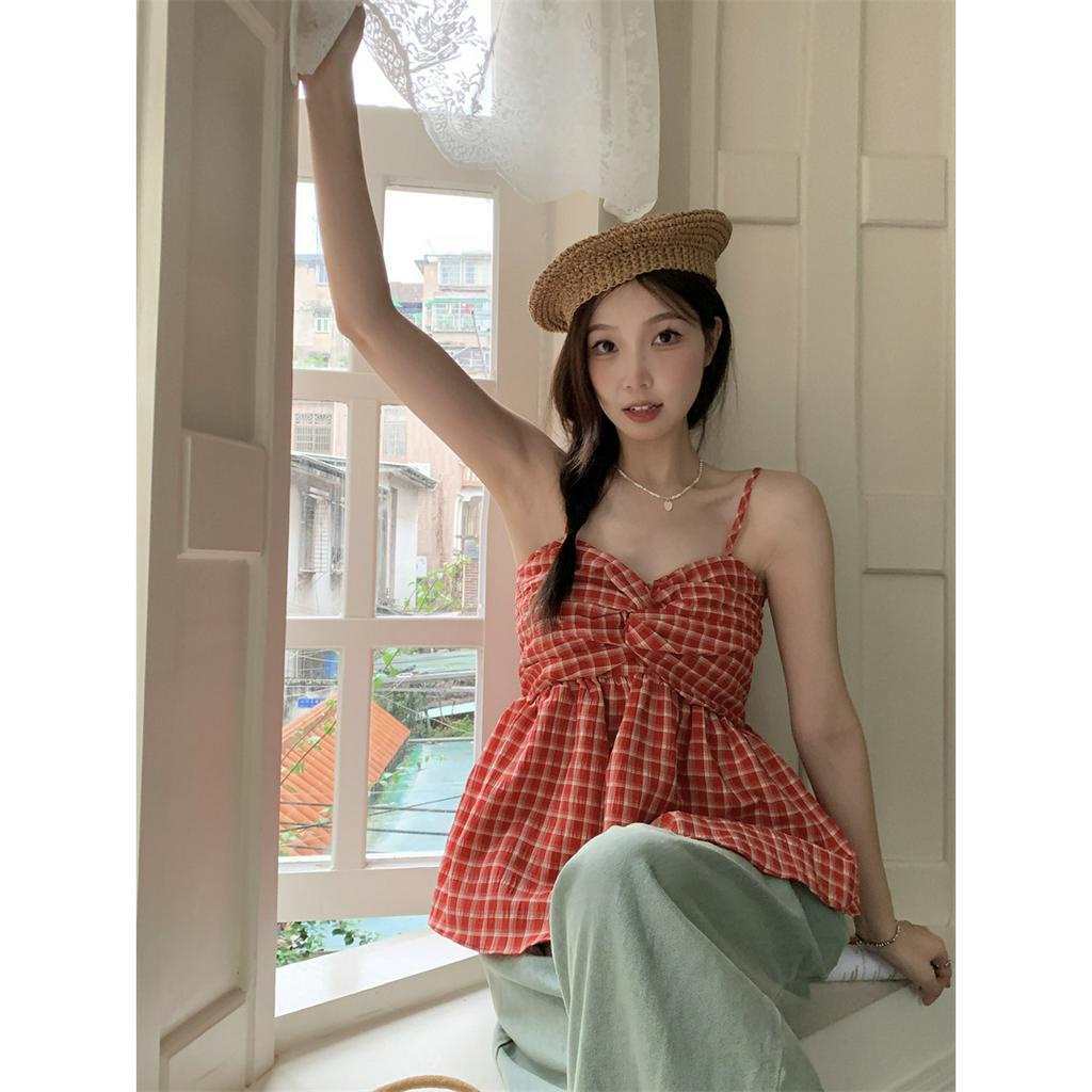 Áo Hai Dây Họa Tiết Sọc Caro Phong Cách Retro Hàn Quốc  tao bao