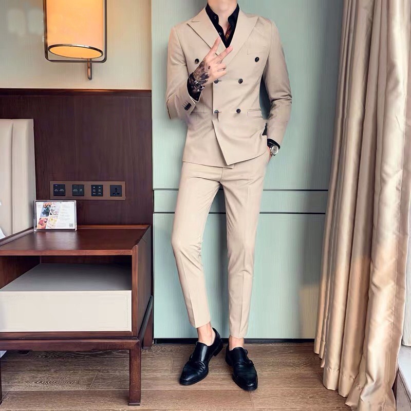 Bộ Vest Nam cao cấp from dáng măng tô 6 cúc màn kem Hàn Quốc-Shop Suit