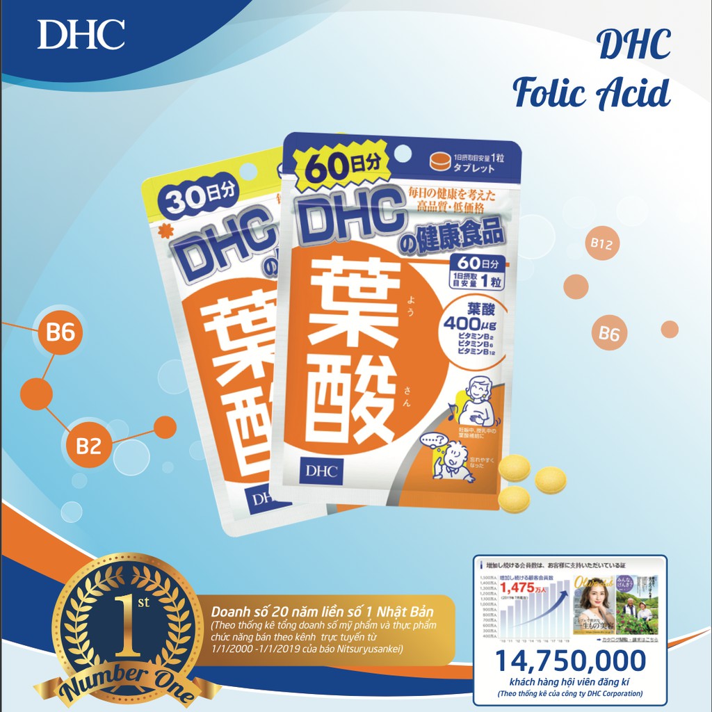 Viên uống Acid Folic DHC bổ sung vitamin cho mẹ bầu gói 60 viên (60 ngày)