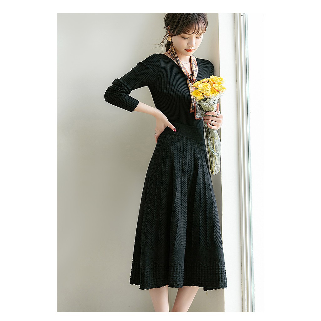 Bộ váy len dáng dài có thể mặc rời áo hoặc váy riêng chất liệu len sợi nhiệt Nhật Bản HOT 2020