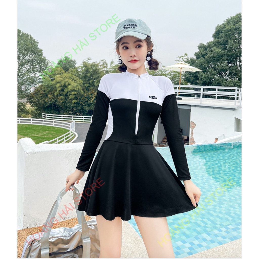 Bộ đồ bơi bikini nữ kín đáo đi tắm biển giấu bụng váy liền áo dài tay