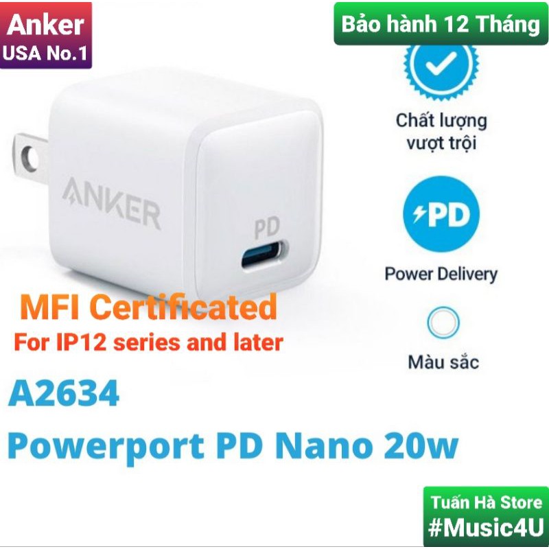 Củ sạc nhanh Anker A2634 A2633 PD 20W Powerport Nano cho  IPhone 12, IPhone 12 Pro, IPhone 12 Pro Max [Music4U]