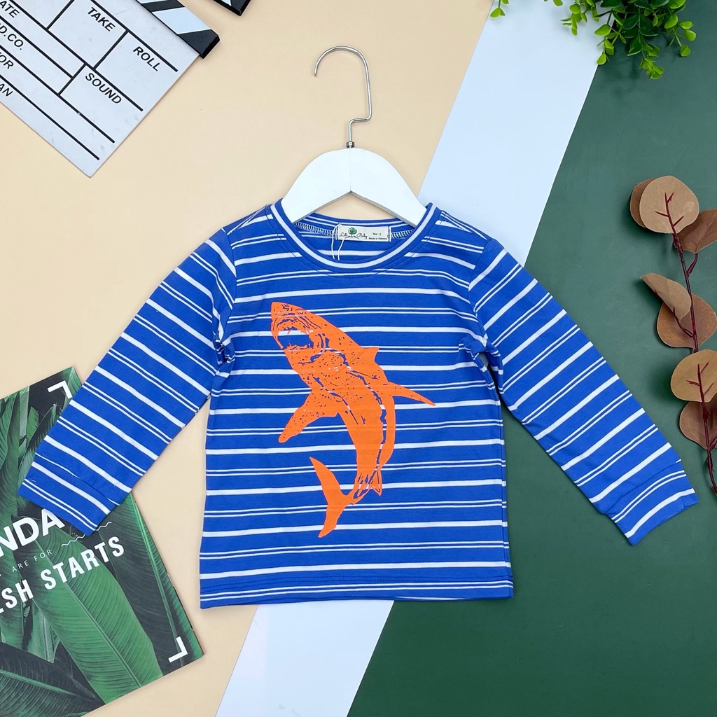 Áo cotton thu đông dài tay kẻ in hình bé trai size 1-10, cho bạn 10-30kg. Chất cotton mềm mại, hình in đẹp, dễ phối đồ