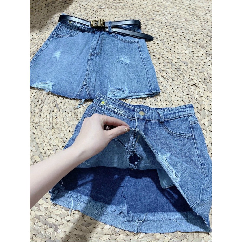 Quần Short Jean Nữ Kiểu Giả Váy Hoa Cúc ,Quần Sọc Rách Nhẹ Cá Tính