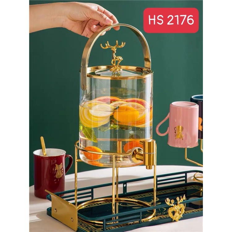 Bình thủy tinh đựng nước hoa quả, đựng rượu có vòi kèm kệ inox vàng sang trọng tinh tế HS2179
