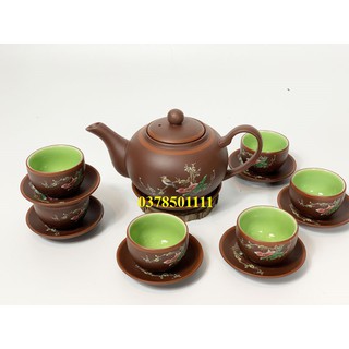 Bộ ấm trà tử sa Bát Tràng men nâu chỉ đỏ vẽ chim hoa S1