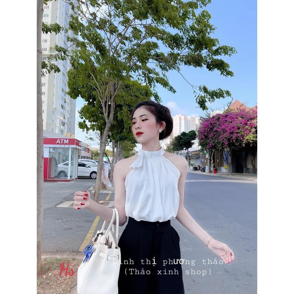 Set Bộ Nữ Áo Yếm Trắng Kèm Quần Suông Đen Ống Rộng So Hot