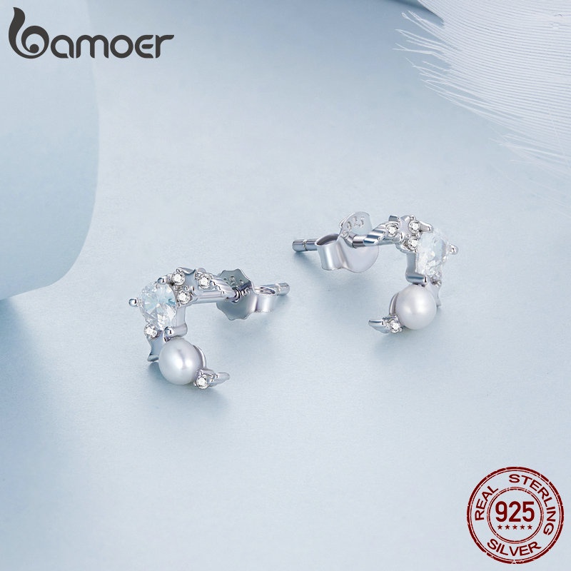 Bông tai nữ BAMOER bạc 925 đính ngọc trai giả thời trang BSE666