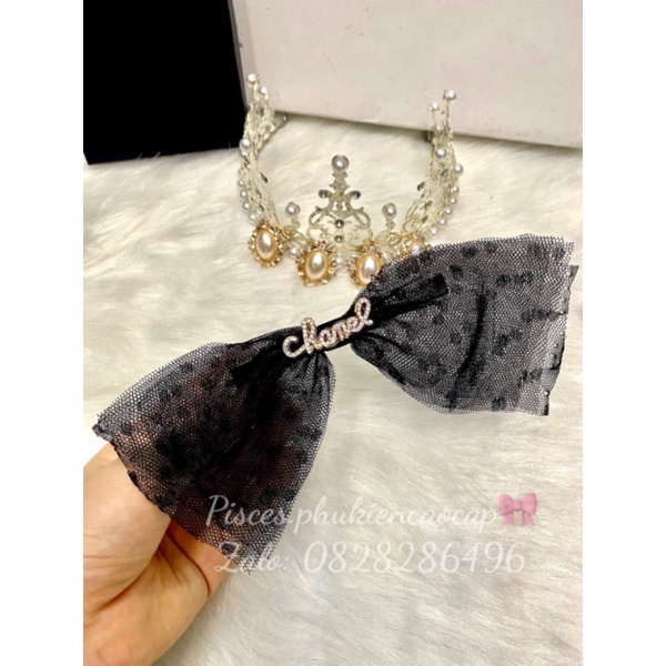 kẹp tóc nơ hot gơn nơ to phối ren chấm bi c.h.a.n.nel (kẹp mỏ vịt, kẹp sao 3 tầng)