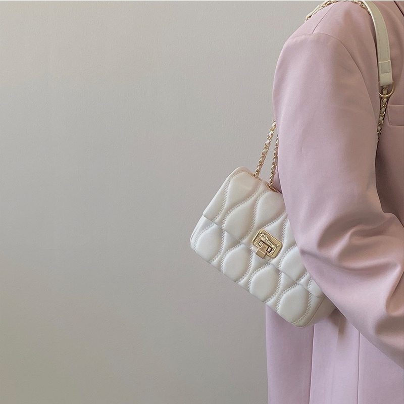 Túi Xách Nữ Màu Trắng Vân Da Hình Thoi Túi Da Cầm Tay Đẹp Hình Hộp Công Sở Thanh Lịch Phong Cách Sang Trọng