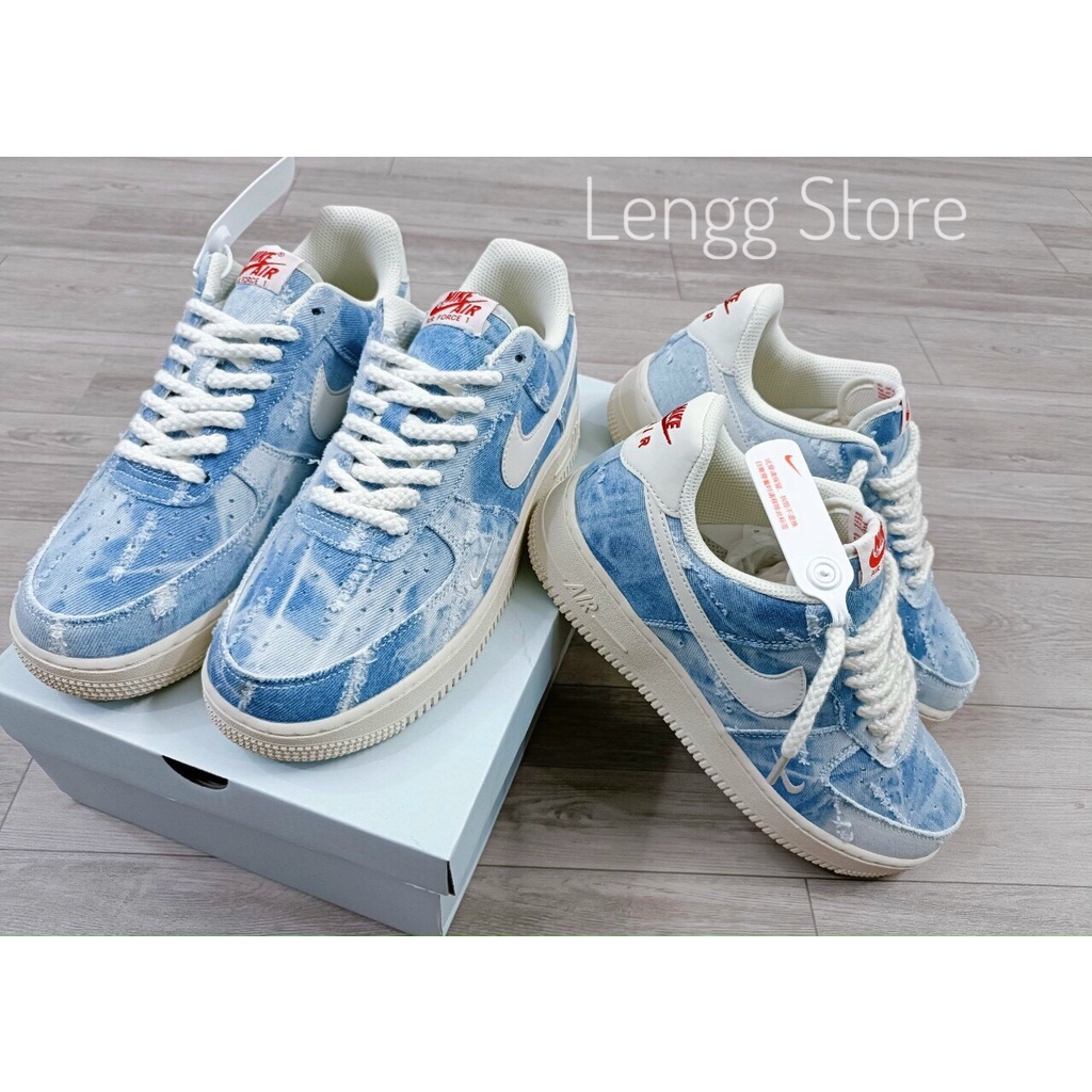 Giày thể thao AF1 Air Force One denim vải bò loang hàng SC, Giày thể thao dây thừng xanh.