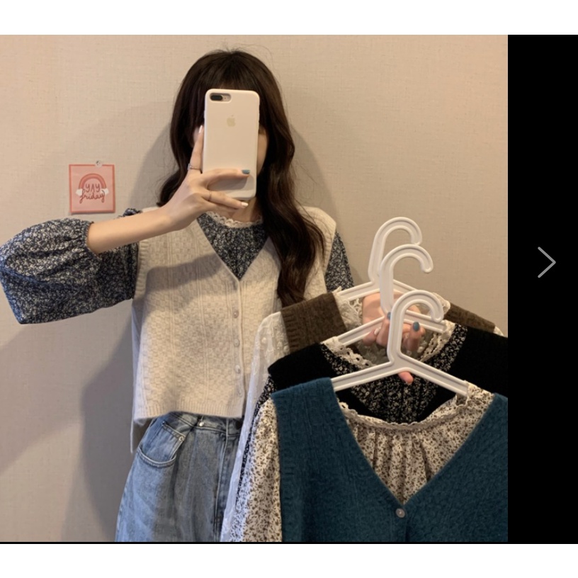 Áo len nữ trắng cổ tim, V không tay, áo sơ mi thu đông vintage 2021