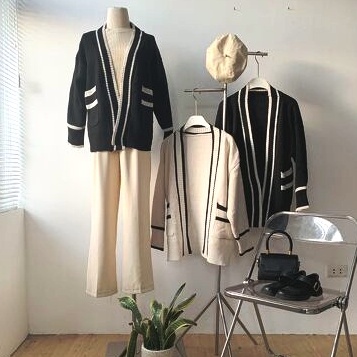 Áo khoác len cardigan trơn phối viền dáng xuông có túi -Miss girl